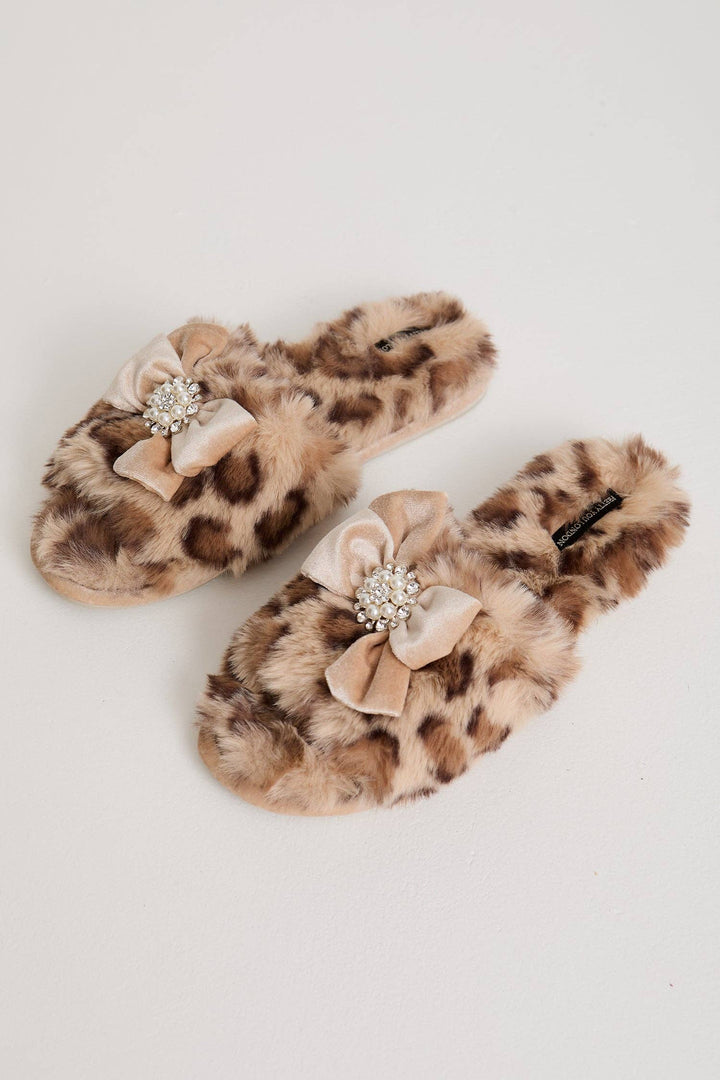 Anya Embellished Slider Slippers in Leopard Print: Leopard / S = UK 3-4 / EU 36-37 / US 5-6