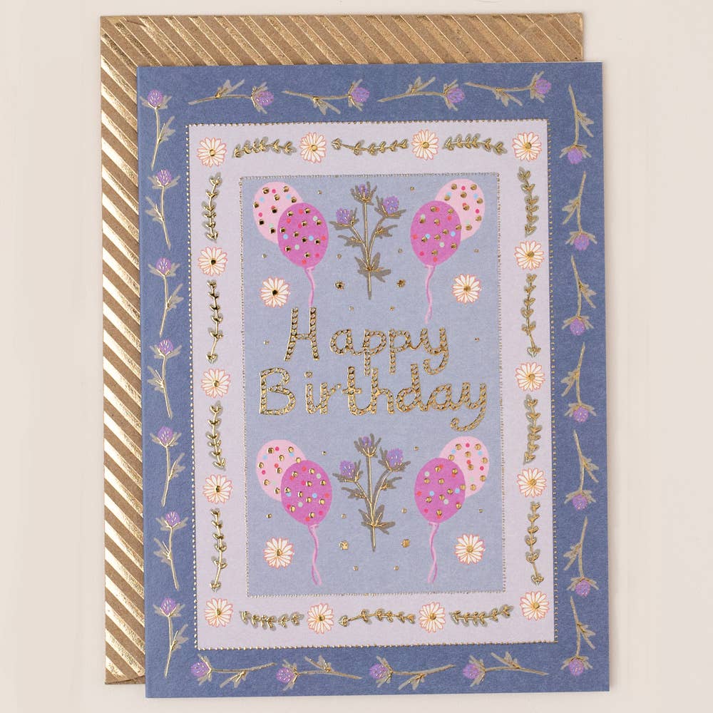 Gold Foiled Floral Border Birthday Card (Blue)