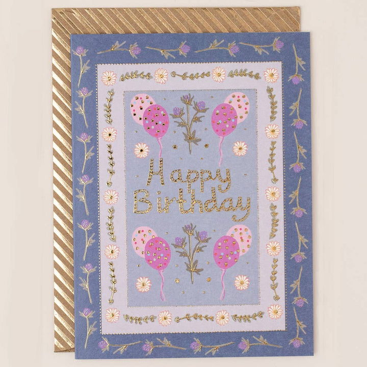 Gold Foiled Floral Border Birthday Card (Blue)