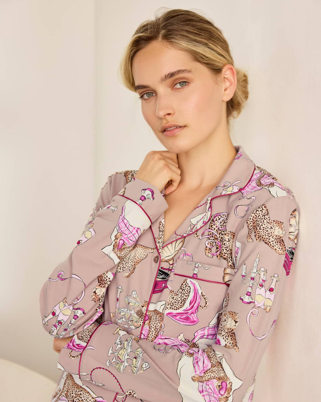 Chelsea Peers Organic Cotton Leopard After Party Print Long Pyjama Set