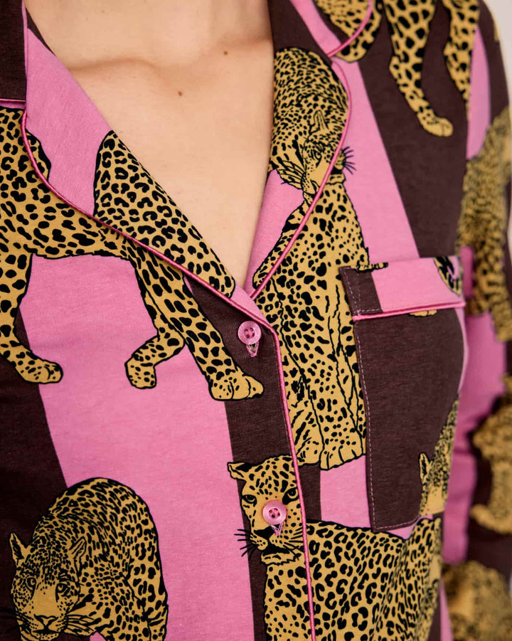 Chelsea Peers Organic Cotton Leopard Stripe Print Long Pyjama Set