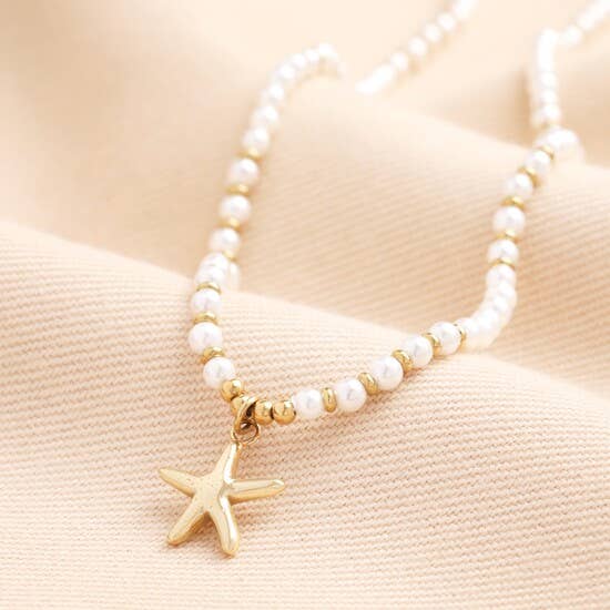 Stainless Steel Beaded Pearl Starfish Necklace in Gold