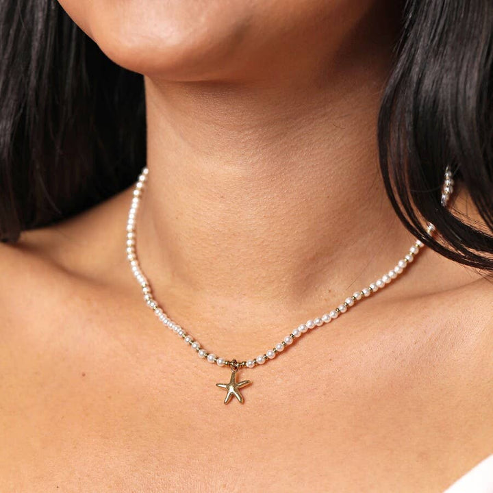 Stainless Steel Beaded Pearl Starfish Necklace in Gold