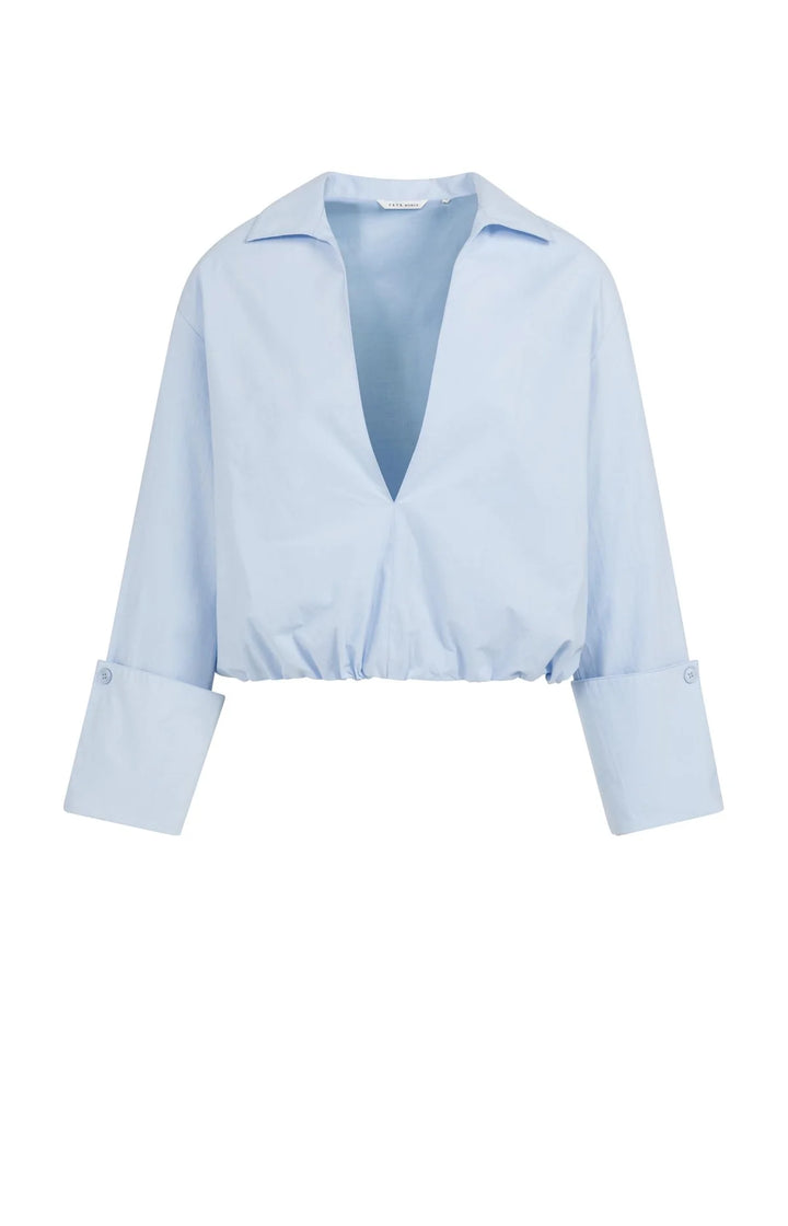 Yaya Ice Blue Balloon Deep V-Neck Blouse