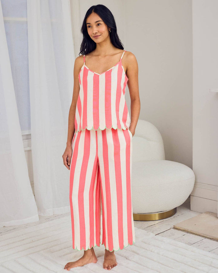 Linen Blend Scallop Edge Stripe Long Pyjama Set