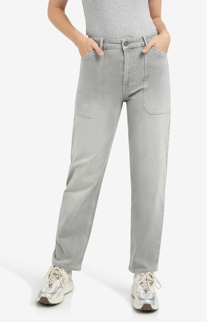 Yaya Mid Grey Denim Cargo Jean with Low Crotch and Wide Leg