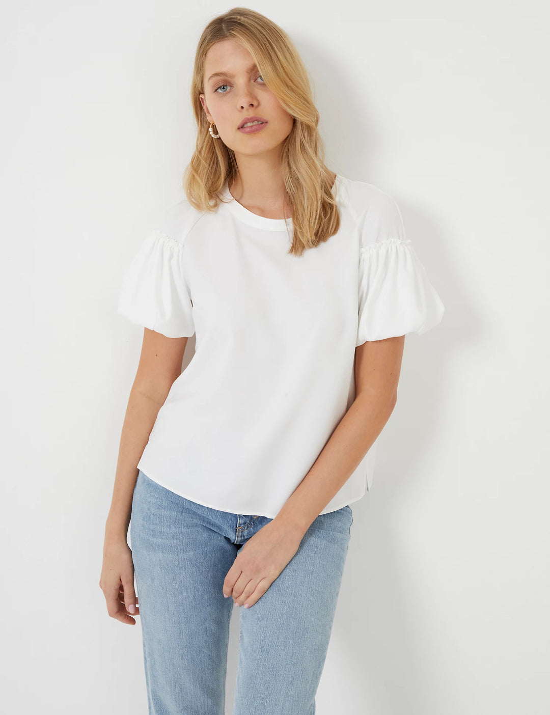 French Connection Summer White Crepe Light Puff Sleeve Top