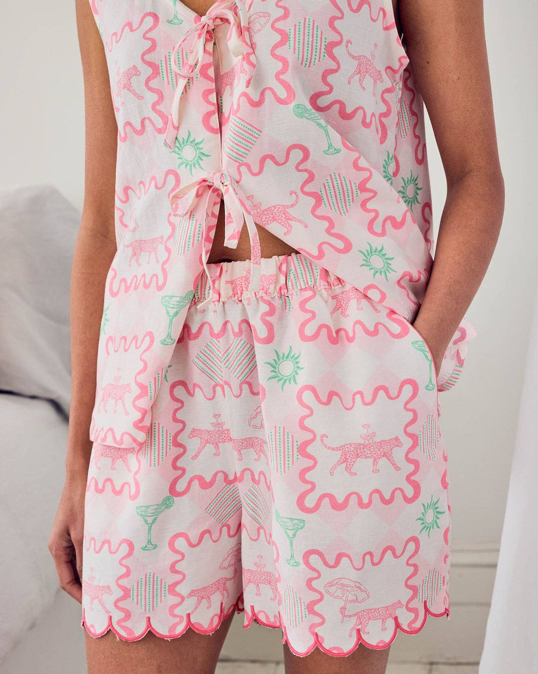 Linen-Blend Tie Front Cami Cocktail Leopard Geo Print Short Pyjama Set