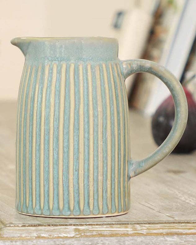 Small Ribbed Blue Pitcher Jug Vase