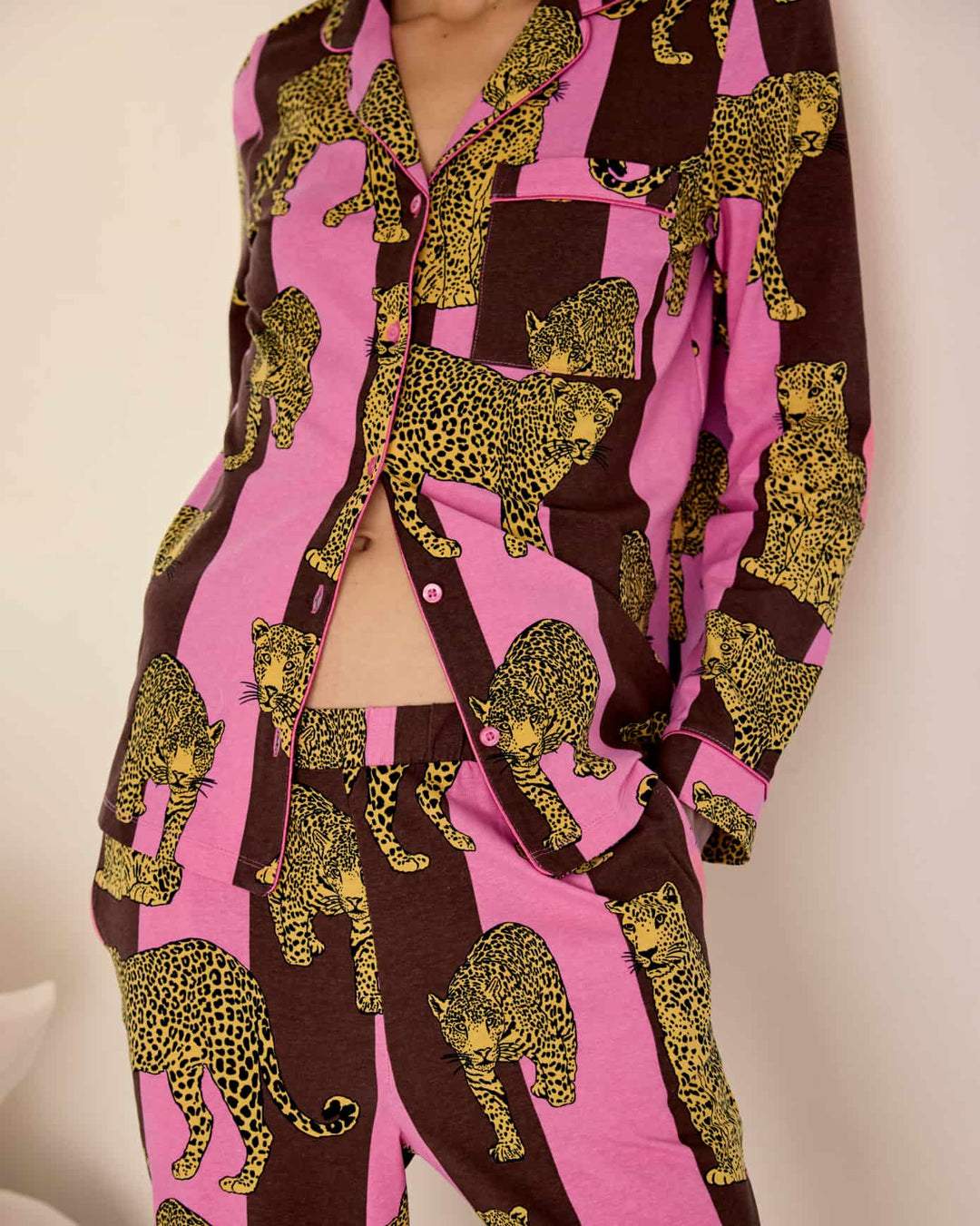 Chelsea Peers Organic Cotton Leopard Stripe Print Long Pyjama Set