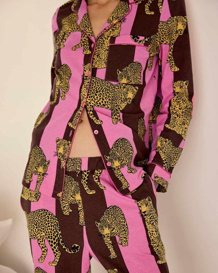 Chelsea Peers Organic Cotton Leopard Stripe Print Long Pyjama Set
