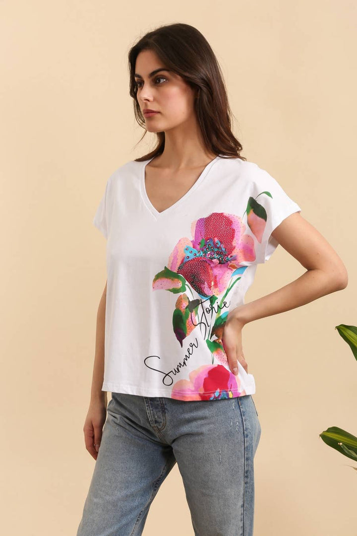 Attrait Summer Floral Cotton White T-Shirt