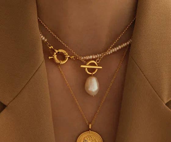T Bar &amp; Pearl Drop Necklace 18k Gold Plated Waterproof