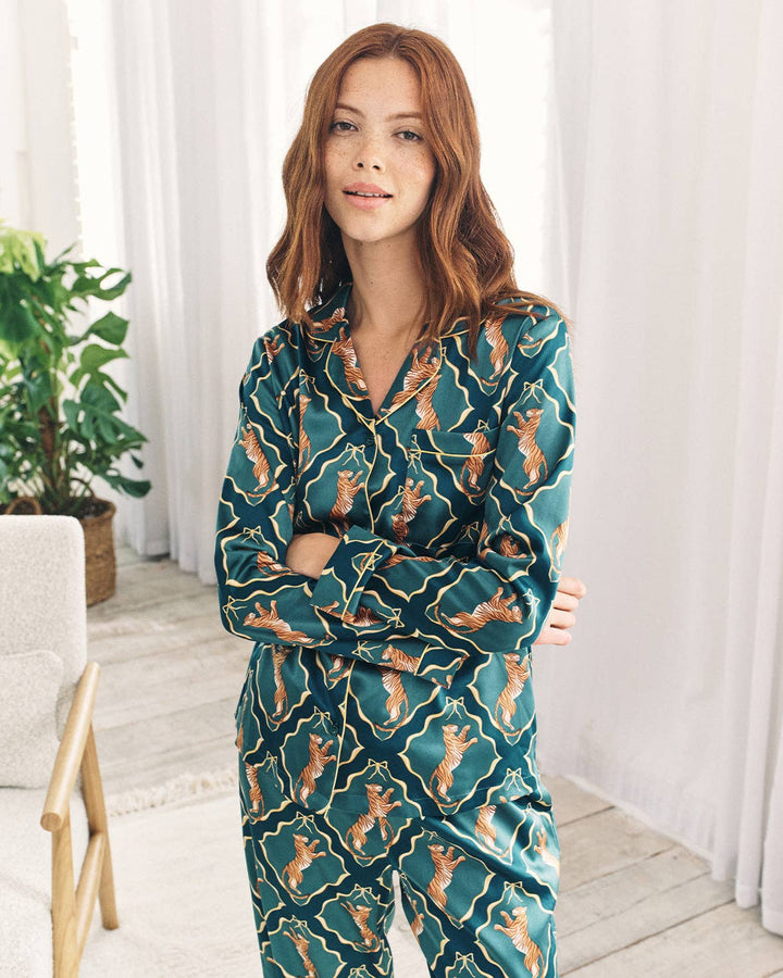 Satin Gilded Tiger Print Long Pyjama Set: UK 14