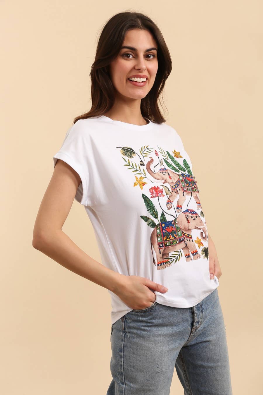 Attrait Cotton White Embossed Elephant Print T-Shirt - Pre order