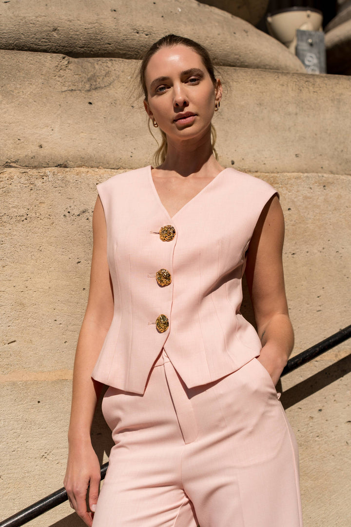 Aura Sleeveless Vest Gold Buttons Pale Pink