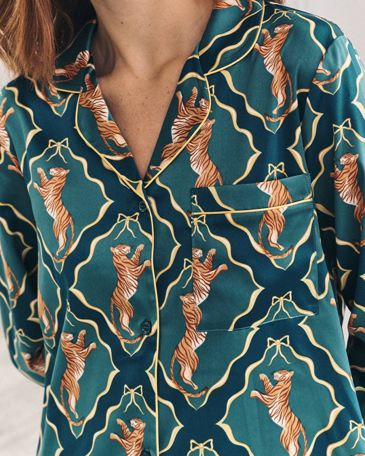 Satin Gilded Tiger Print Long Pyjama Set: UK 12