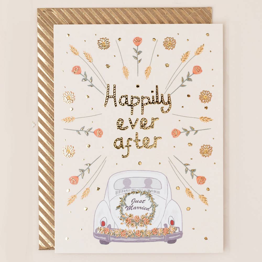 Gold Foiled Happily Ever After Car Wedding Card