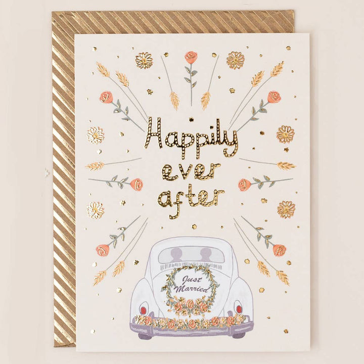 Gold Foiled Happily Ever After Car Wedding Card