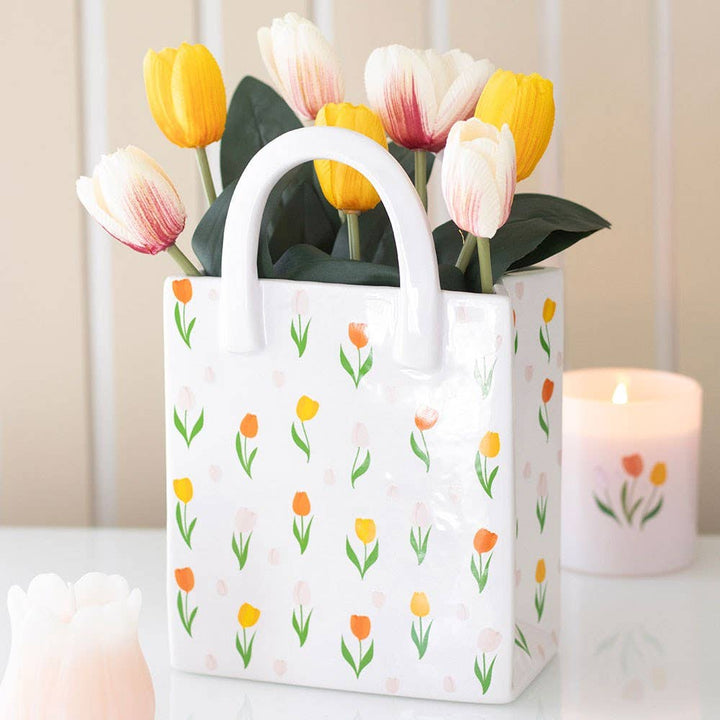 Tulip Print Ceramic Bag-Shaped Spring Flower Vase