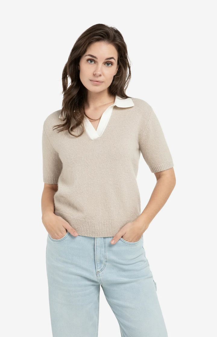Yaya Mist Green (Taupe) Knitted Short Sleeve Sweater with Contract Collar