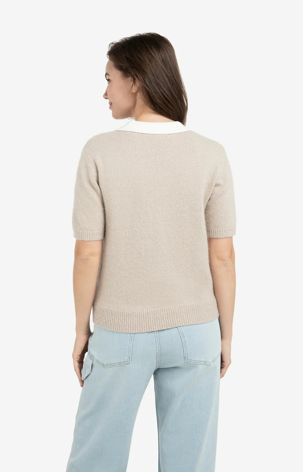 Yaya Mist Green (Taupe) Knitted Short Sleeve Sweater with Contract Collar
