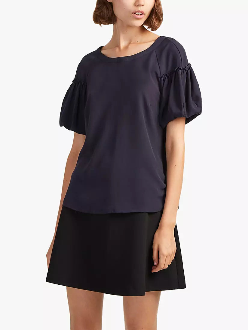 French Connection Utility Navy Blue Crepe Light Puff Sleeve Top