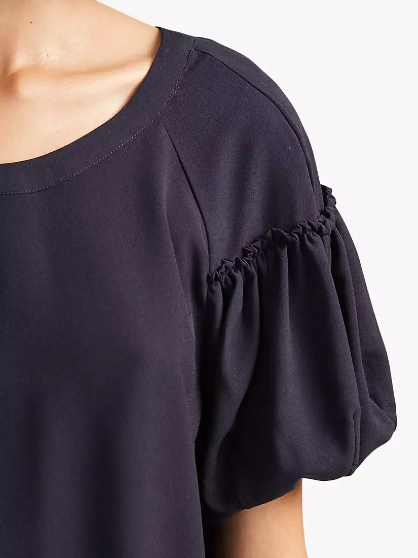 French Connection Utility Navy Blue Crepe Light Puff Sleeve Top