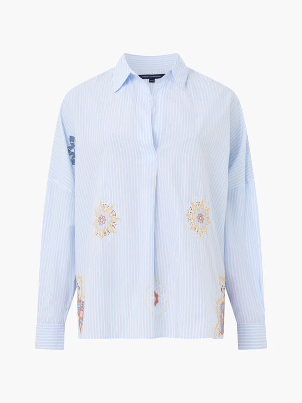French Connection Rhodes Poplin Blue Stripe Embroidered Shirt