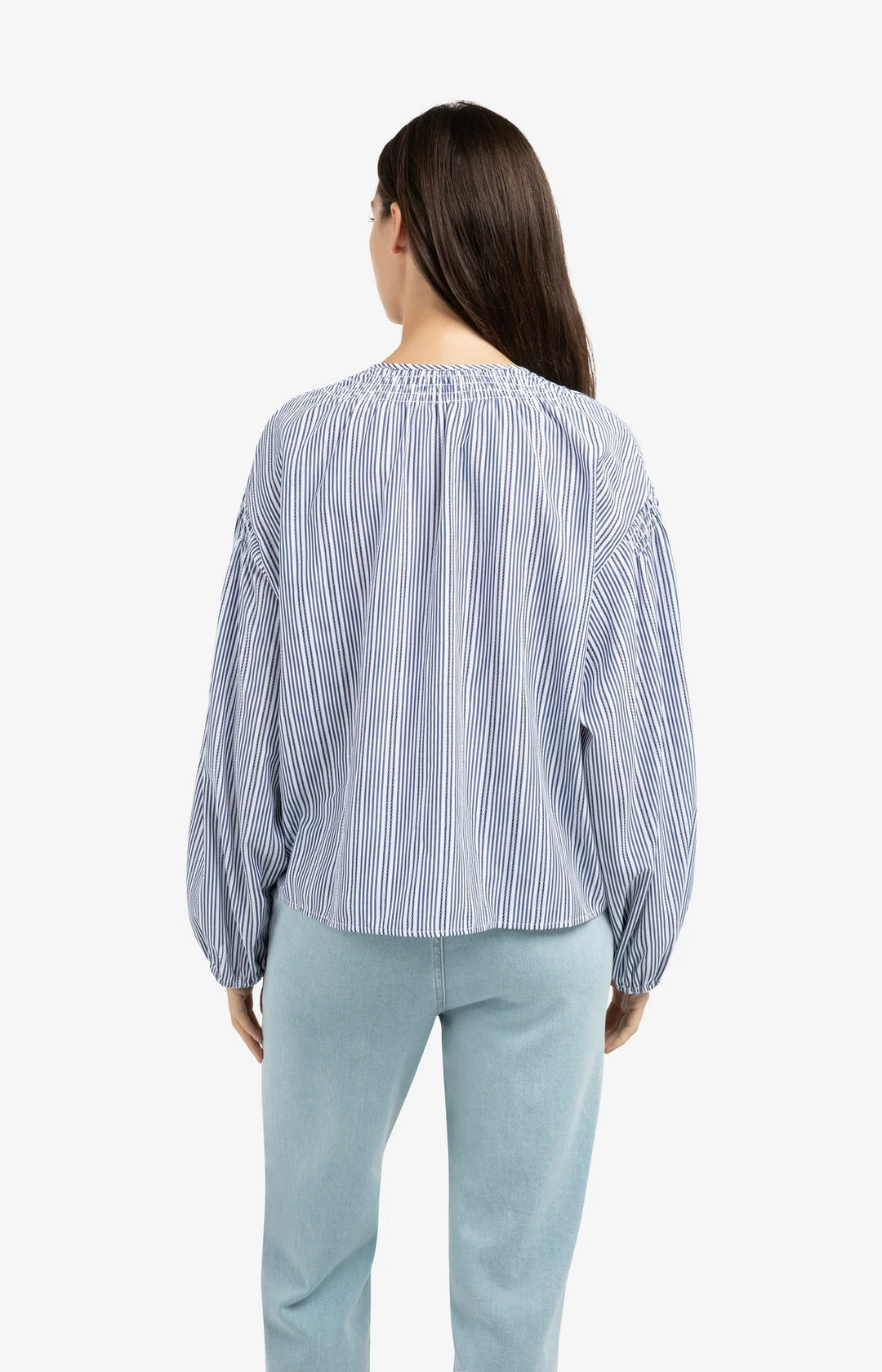 Yaya Navy Striped Blouse With Shirred Details on Shoudler