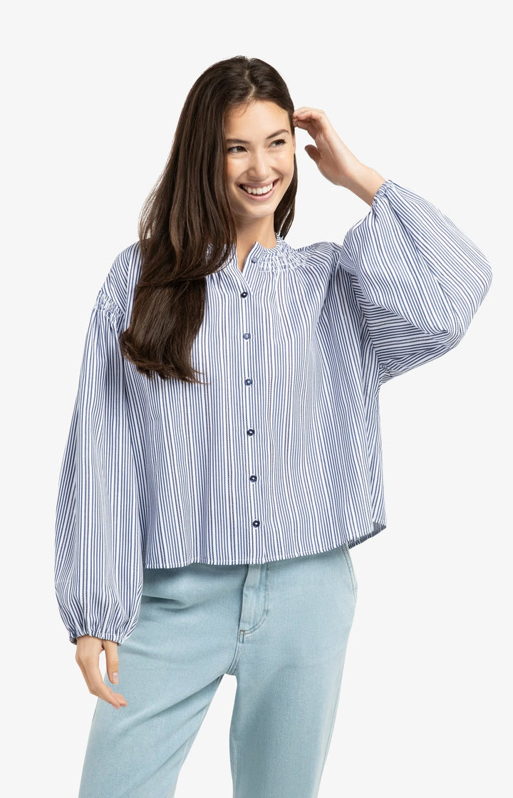 Yaya Navy Striped Blouse With Shirred Details on Shoudler